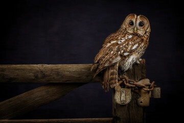 Tawny Owl (strix aluco) looking towards the camera. Dark brown nocturnal bird of prey found in woodland around the united kingdom. British wildlife