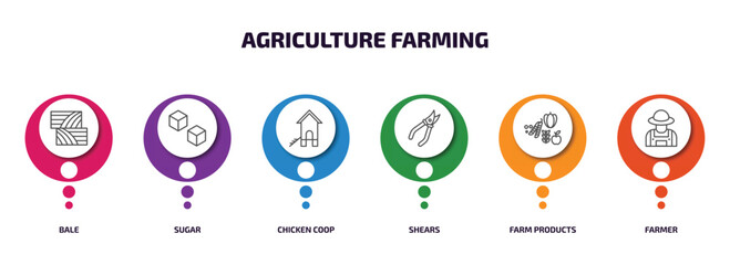 agriculture farming infographic element with outline icons and 6 step or option. agriculture farming icons such as bale, sugar, chicken coop, shears, farm products, farmer vector. © Farahim