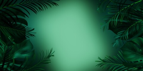 Tropical jungle frame. Tropical plant leaves on green background