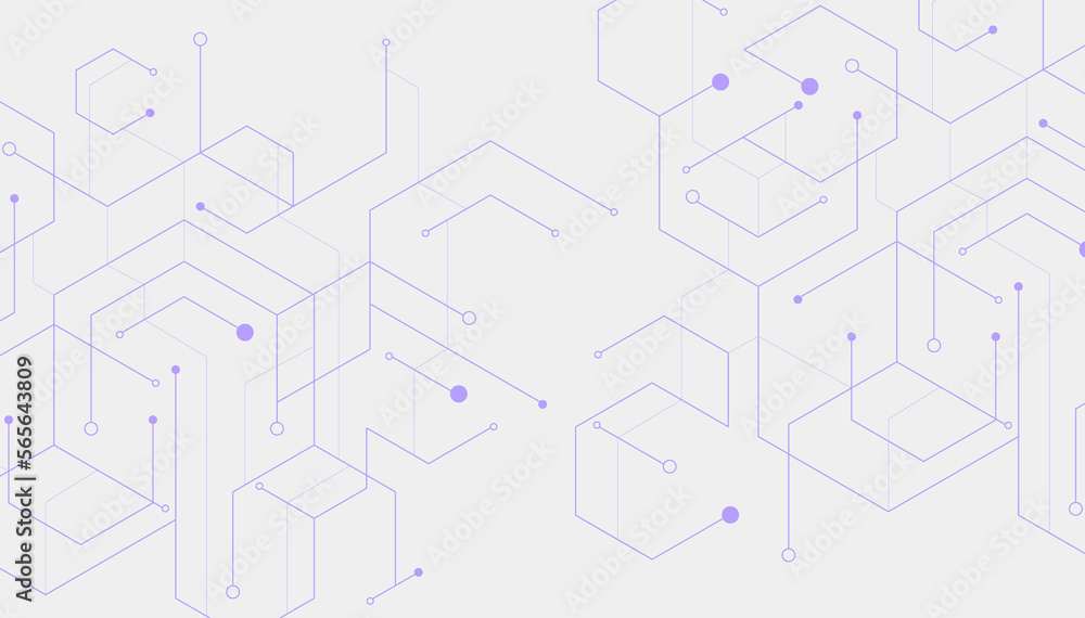 Poster abstract geometric hexagon purple lines and dots connect background. technology connection digital d
