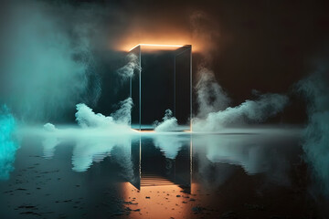 Abstract dark neon geometric background inside a dark empty room and glowing laser lines on the walls. Wet concrete floor, neon light reflection. Wallpaper futuristic technology. AI