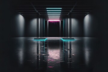 Abstract dark neon geometric background inside a dark empty room and glowing laser lines on the walls. Wet concrete floor, neon light reflection. Wallpaper futuristic technology. AI