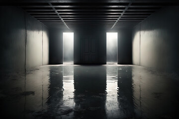 Abstract dark neon geometric background inside a dark empty room and glowing laser lines on the walls. Wet concrete floor, neon light reflection. Wallpaper futuristic technology. AI