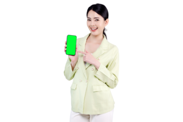 Excited Asian woman pointing finger to blank green screen of mobile smartphone isolated on transparent background. PNG file format.