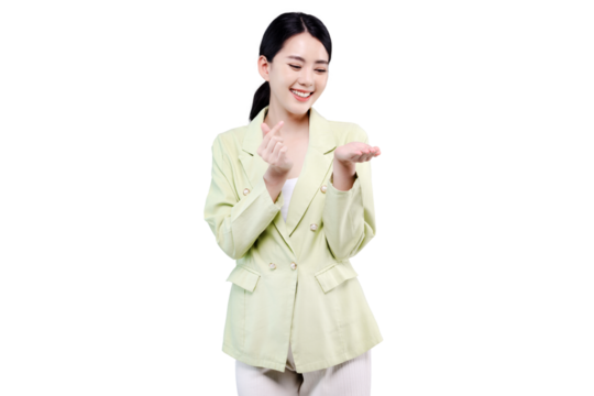 Portrait of attractive young Asian lady hold open arm and show mini heart signal isolated on transparent background. PNG file format.