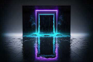 Fototapeta premium Abstract dark neon geometric background inside a dark empty room and glowing laser lines on the walls. Wet concrete floor, neon light reflection. Wallpaper futuristic technology. AI