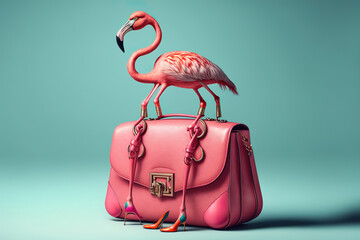 Illustration of a pink purse bag with flamingo handle, animals in fashion, funny combination. Generative AI