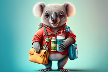 A koala wearing a nurse's uniform and carrying a first aid kit. Animals in people's lives and their influence, funny characters. Generative AI