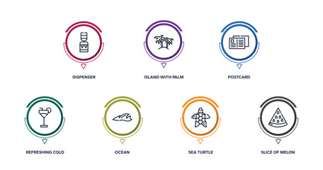 summer outline icons with infographic template. thin line icons such as dispenser, island with palm trees, postcard, refreshing cold drink, ocean, sea turtle, slice of melon vector.