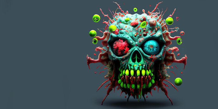 Scary zombie virus mutation or superbug with skull face. Generative AI.