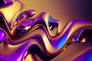 Iridescent liquid metal surface with ripples. 3d illustration. Abstract fluorescent background. Fluid neon leak backdrop.  Ultraviolet viscous substance. Generating Ai.