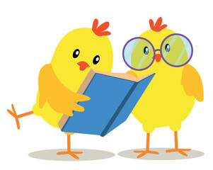 cute yellow chicks reading a book