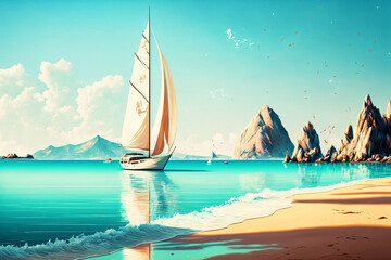 Fototapeta na wymiar Beautiful beach with sailing boat, travel and active lifestyle concept Generative AI