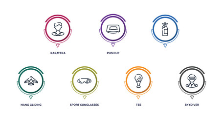 sport avatars outline icons with infographic template. thin line icons such as karateka, push up, , hang gliding, sport sunglasses, tee, skydiver vector.