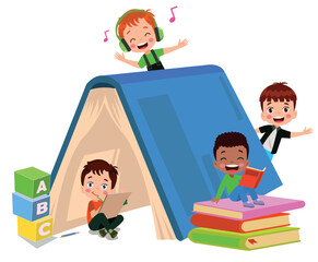 Kids reading, group of friends