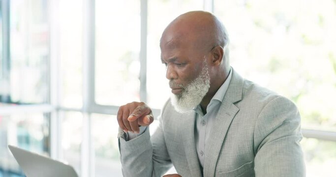 Thinking businessman, laptop or reading company email, growth proposal or corporate success pitch. Black person, mature or CEO manager on technology planning, leadership strategy or investment review