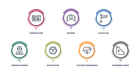 signals set outline icons with infographic template. thin line icons such as parking card, nursing, plain flag, parking worker, bifurcation, electrocardiogram inside heart, ascending stairs vector.