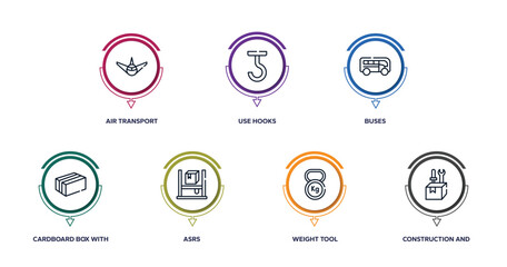 Fototapeta na wymiar delivery element outline icons with infographic template. thin line icons such as air transport, use hooks, buses, cardboard box with packing tape, asrs, weight tool, construction and tools vector.