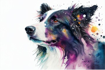 Colorful aquarel portrait of a border collie