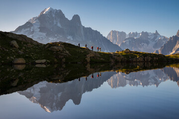 Group of hikers near the Lacs des Chéserys, Chamonix-Mont-Blanc, Haute-Savoie, France