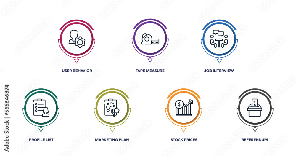 Poster general outline icons with infographic template. thin line icons such as user behavior, tape measure