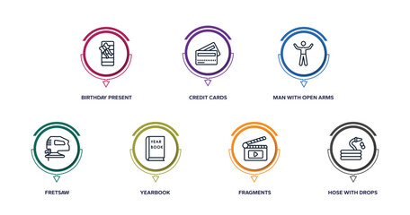general outline icons with infographic template. thin line icons such as birthday present, credit cards, man with open arms, fretsaw, yearbook, fragments, hose with drops vector.