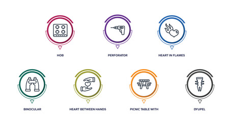 general outline icons with infographic template. thin line icons such as hob, perforator, heart in flames, binocular, heart between hands, picnic table with basket, dyupel vector.