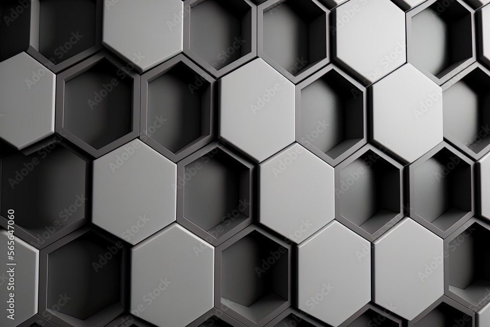 Poster hexagonal backdrop made of futuristic building pieces; semiglossy tiles used to create a concrete wa