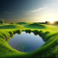 peaceful green field clear sunlight water flow Generative AI