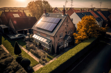 Solar panels on the roof of a European house. Photovoltaic. Photovoltaic panels. Energy autonomy. Electrical autonomy. Illustration created with Generative AI.