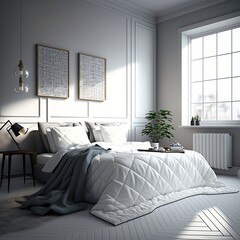Interior design of room include a white quilt product with generative AI