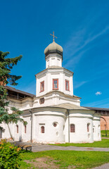Fototapeta na wymiar Veliky Novgorod, Russia. View of old Church of the Intercession of the Holy Virgin in the Novgorod Kremlin.