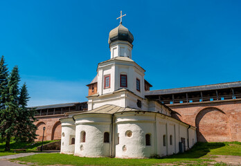 Fototapeta na wymiar Church of the Intercession of the Holy Virgin on the territory of the Novgorod Kremlin. Veliky Novgorod, Russia.