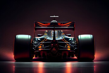 F1 car, sports racing car, dark garage, orange, black, generative AI