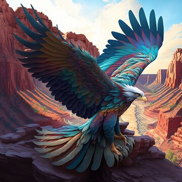 A giant phoenix bird of many colors like those of a macaw, swooping down through the grand canyon of the united states with generative AI