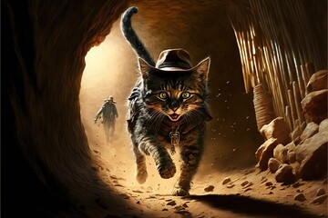 cat archaeologist with hat and whip escaping from danger illustration generative ai