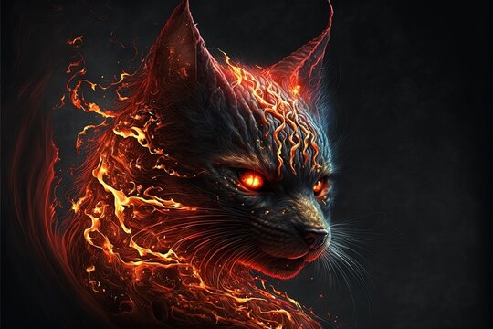 Cat red flaming dragon illustration generative ai