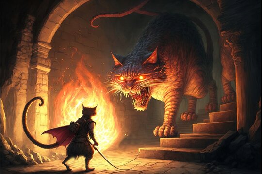 cat exploring a dungeon with a torch meets a dragon cat illustration generative ai