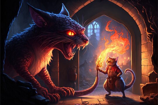 cat exploring a dungeon with a torch meets a dragon cat illustration generative ai