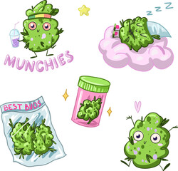 A set of cute marijuana characters. cannabis is funny. weed marijuana vector