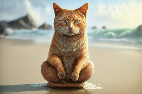 cat doing yoga at the beach illustration generative ai