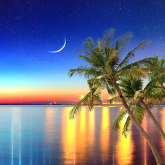 blue sea at  Night in port ,palm trees ,on horizon  blurred light on horizon at sea blue water wave  starry sky and moon generated ai