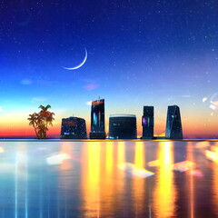 blue sea at  Night city modern buildings on horizon  blurred light on horizon at sea blue water wave  starry sky and moon generated ai