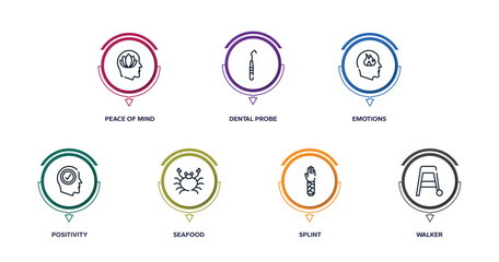 Fototapeta na wymiar medical services outline icons with infographic template. thin line icons such as peace of mind, dental probe, emotions, positivity, seafood, splint, walker vector.
