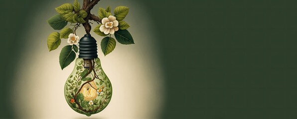 An illustration of a light bulb hanging from a tree branch, with leaves and flowers growing around it, representing a "green" or sustainable idea., generative ai