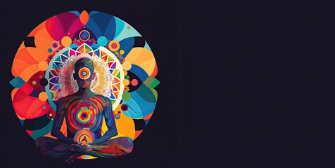 A person in circle meditating amidst vibrant mandala of colors and shapes, generative ai
