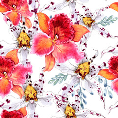 
Watercolor orchids in a seamless pattern. Can be used as fabric, wallpaper, wrap.