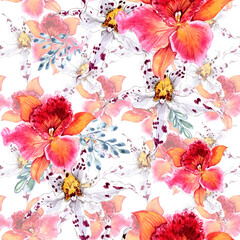 
Watercolor orchids in a seamless pattern. Can be used as fabric, wallpaper, wrap.
