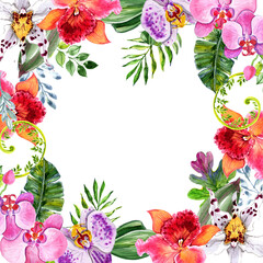 Watercolor orchids and leaves in a greeting frame.