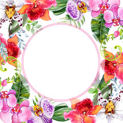 Watercolor orchids and leaves in a greeting frame.